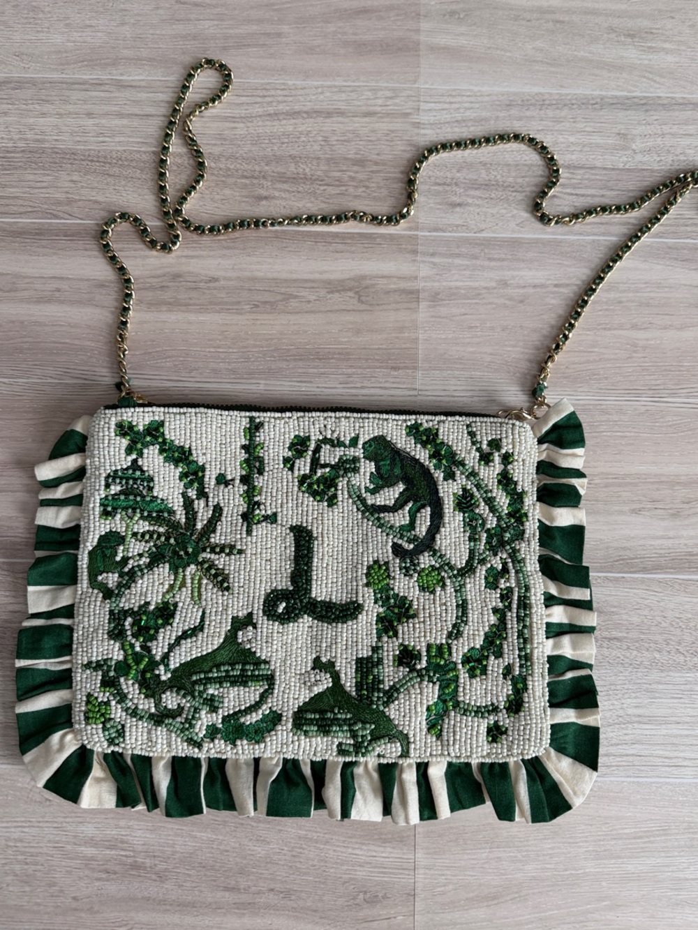 Anthropologie beaded  Crossbody Bag – Green Floral Animal Detail L monogram